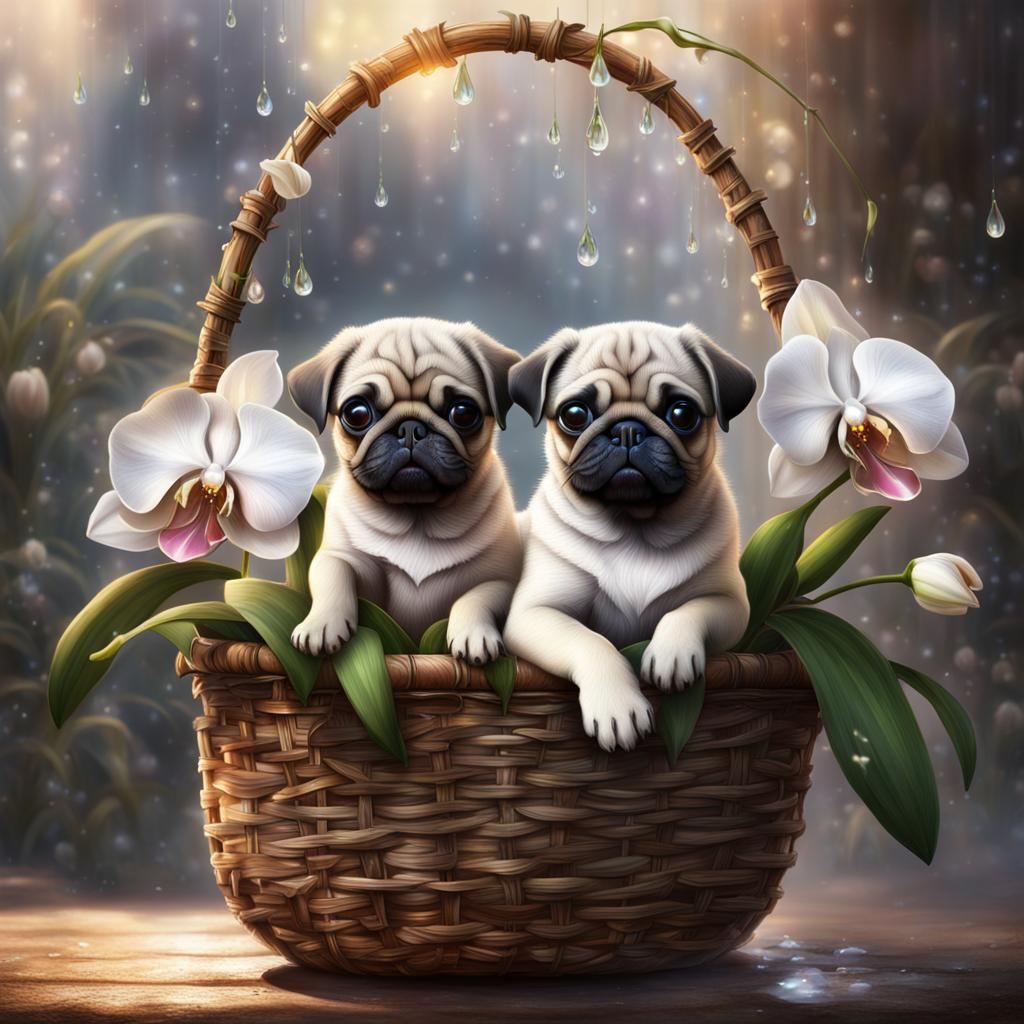 Pug Puppy in Floral Basket, Detailed Oil Painting