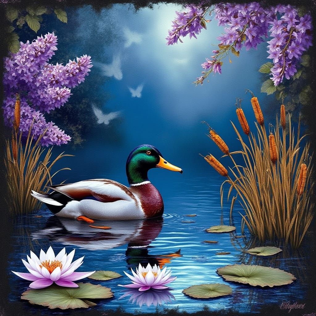 Ethereal Mallard Duck in Autumn Lily Pond