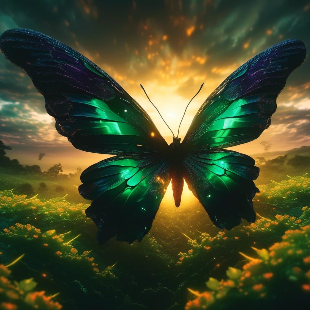 Mystical Butterfly with Galactic Wings at Sunset