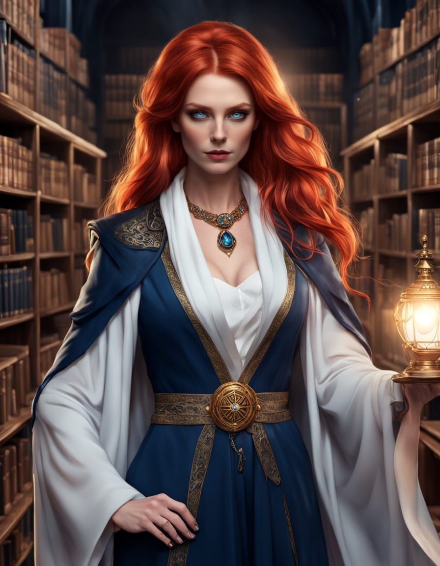Elegant Arcane Librarian in Blue and Gold Robe