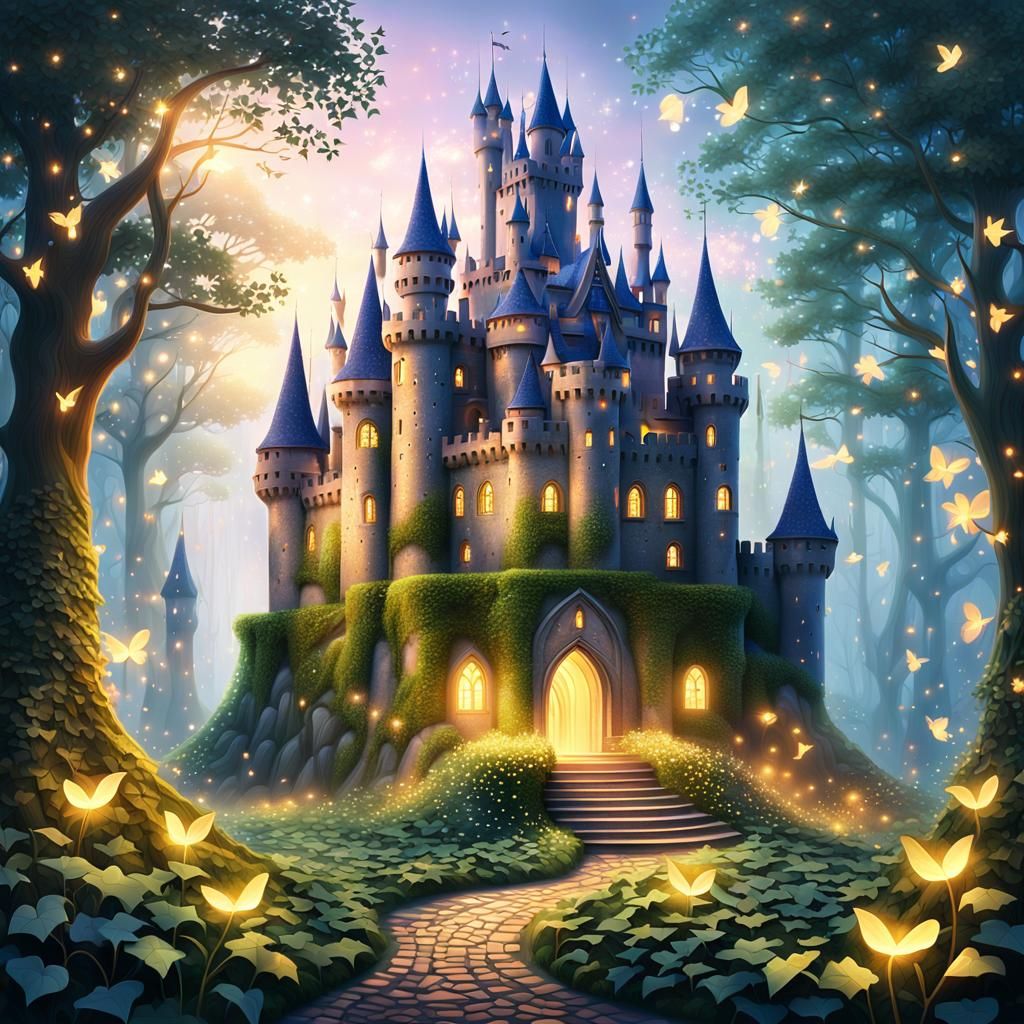 Mystical Stone Castle in Enchanted Forest at Golden Hour