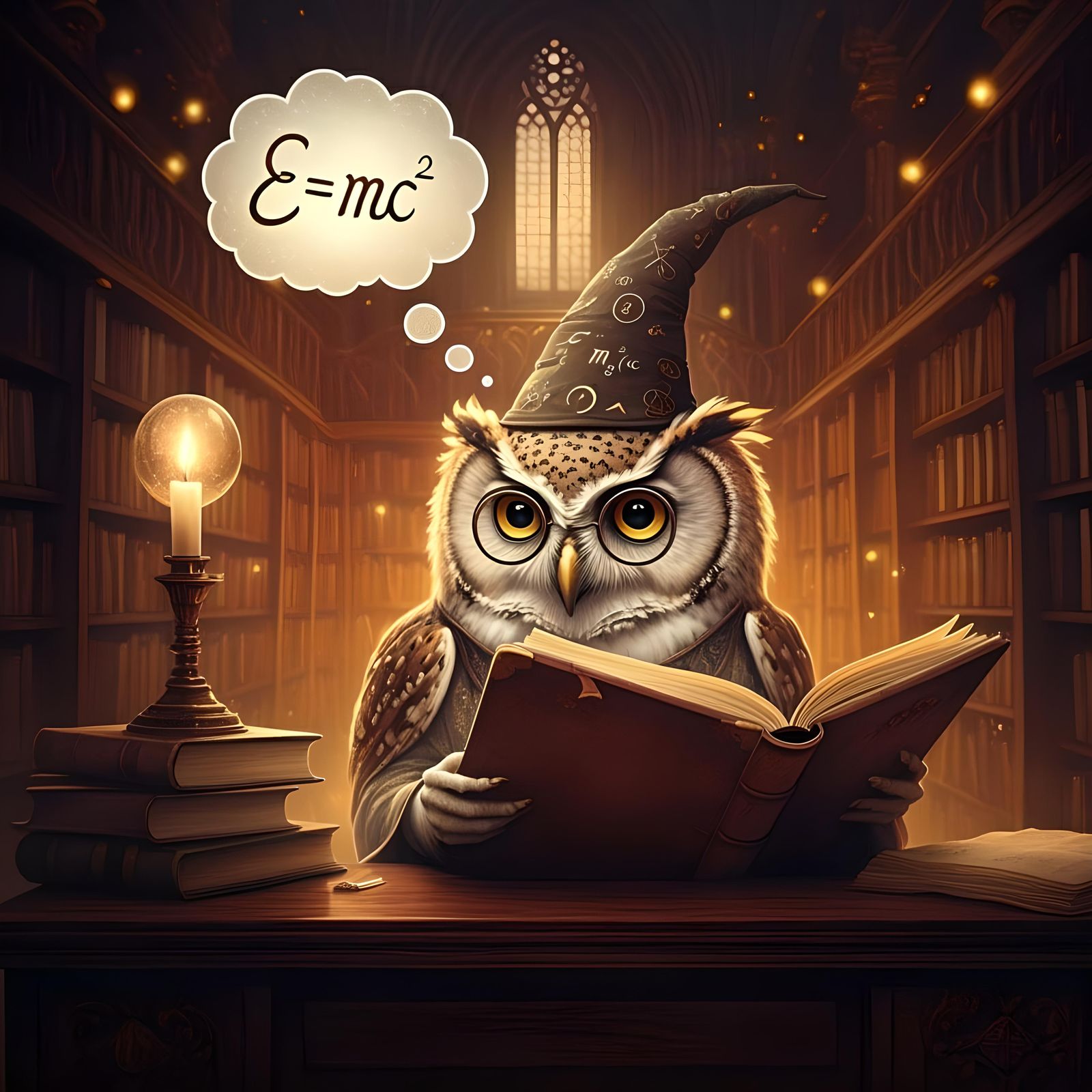 Humanoid Owl Wizard Contemplates Physics in Library
