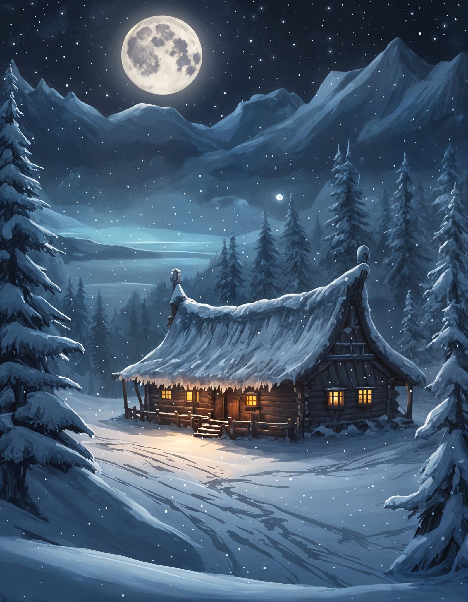 Serene Winter Night Scene in a Cinematic Style