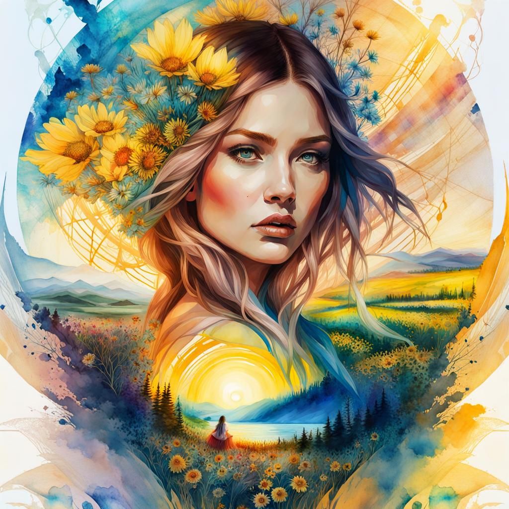 Ukrainian Woman Double Exposure Watercolor Summerscape