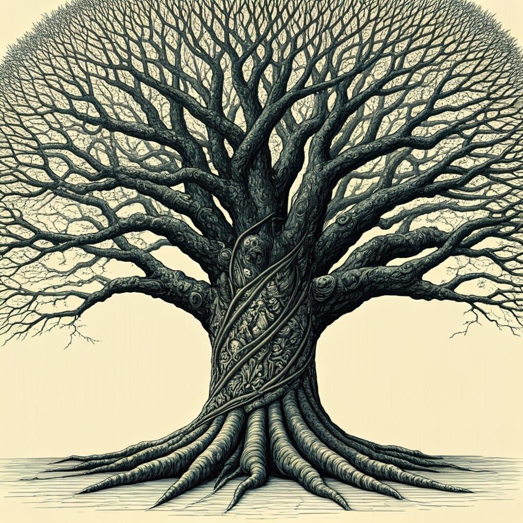 Whimsical England as a Majestic Oak Tree in Ink