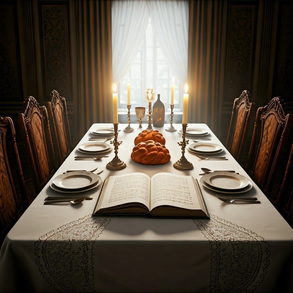 Elegant Shabbat Table Setting in a Luxurious Dining Room