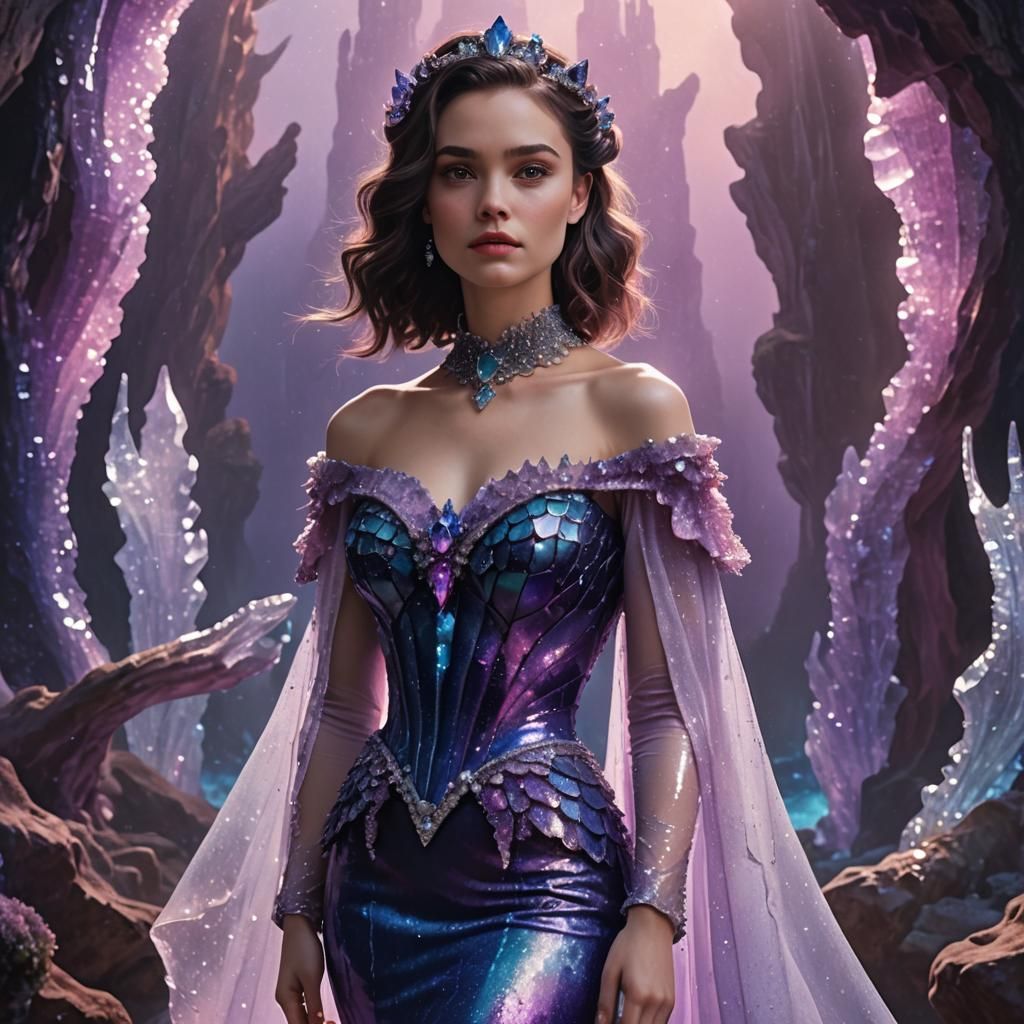 Brunette in Crystal Dress in Ballroom, Digital Art