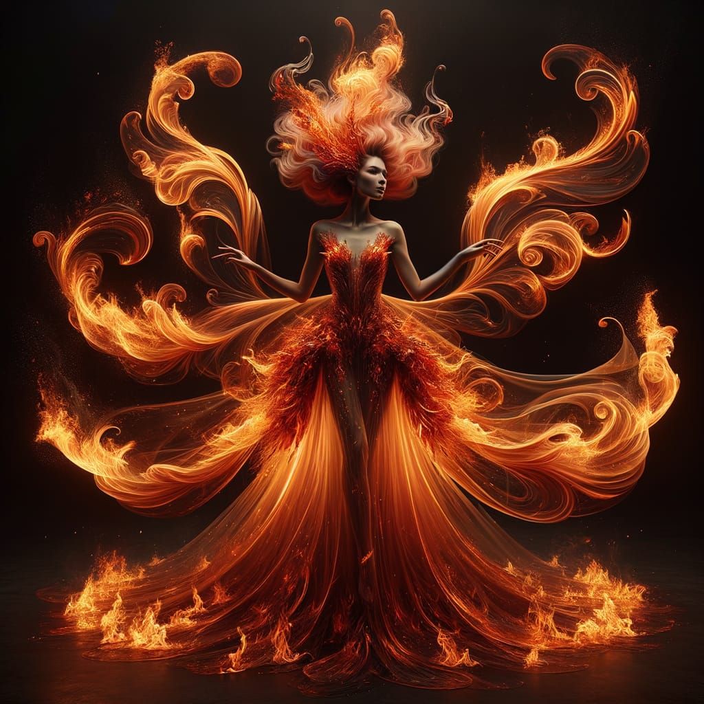 Ethereal Woman in Fiery Dress with Wings