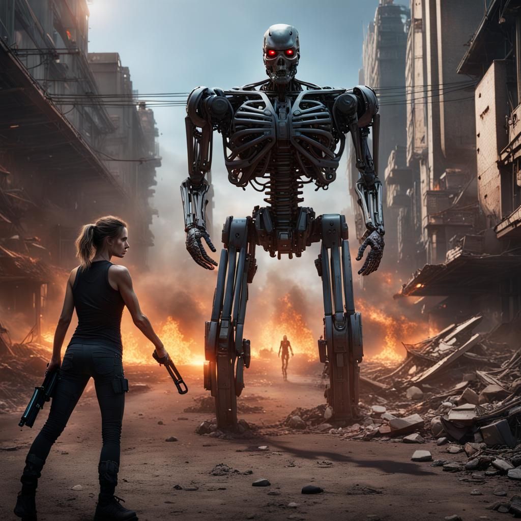 Terminator Protecting Sarah Connor in Detailed Matte Paintin...