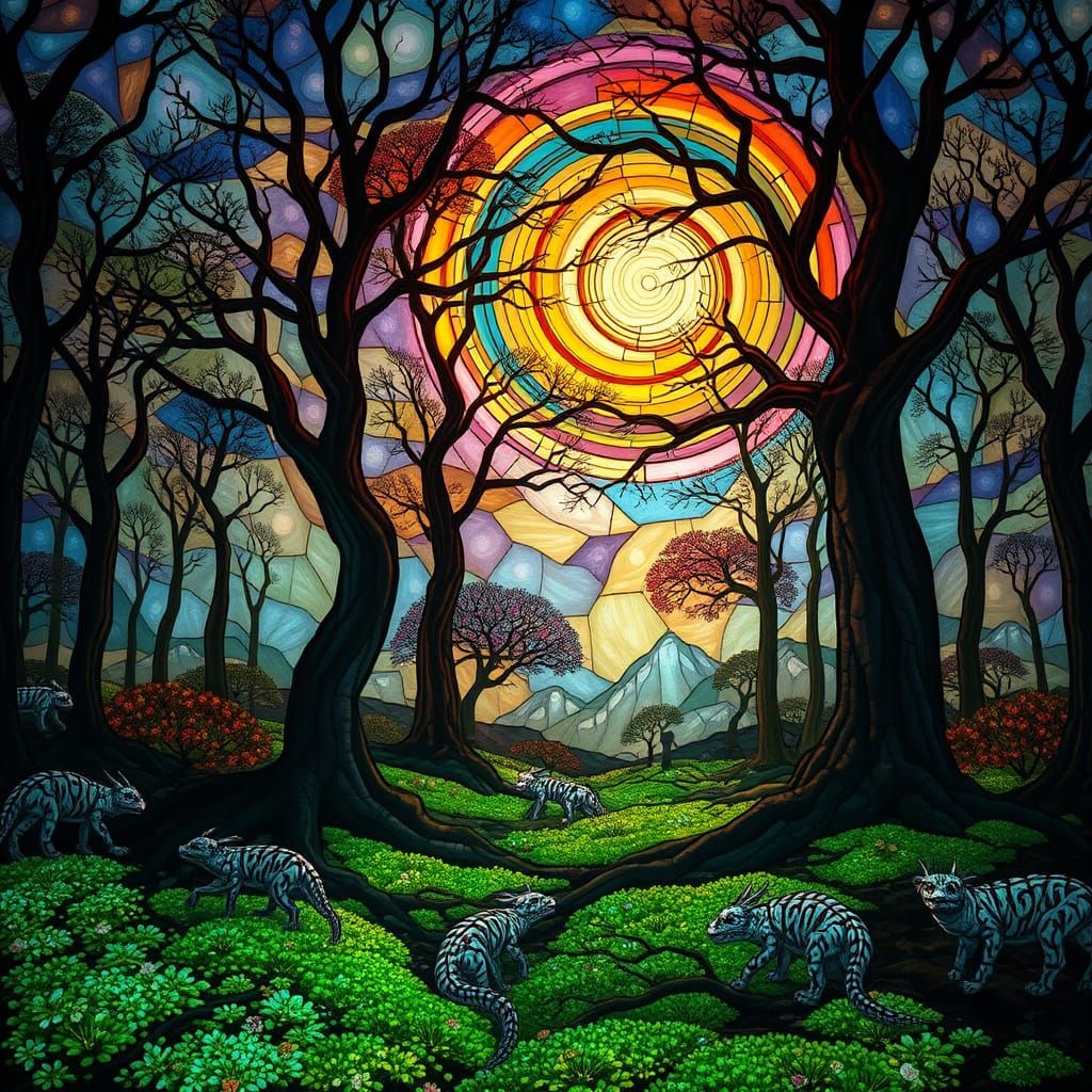 Stained Glass Forest Glade with Nebulae Sky
