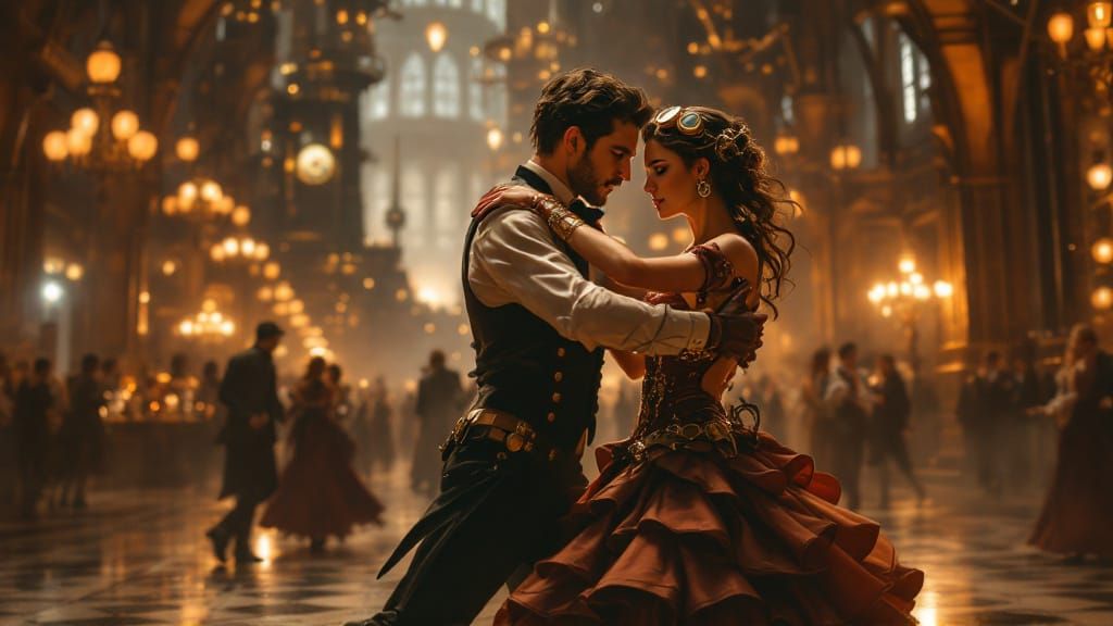Steampunk Couple Tango in Grand Industrial Ballroom