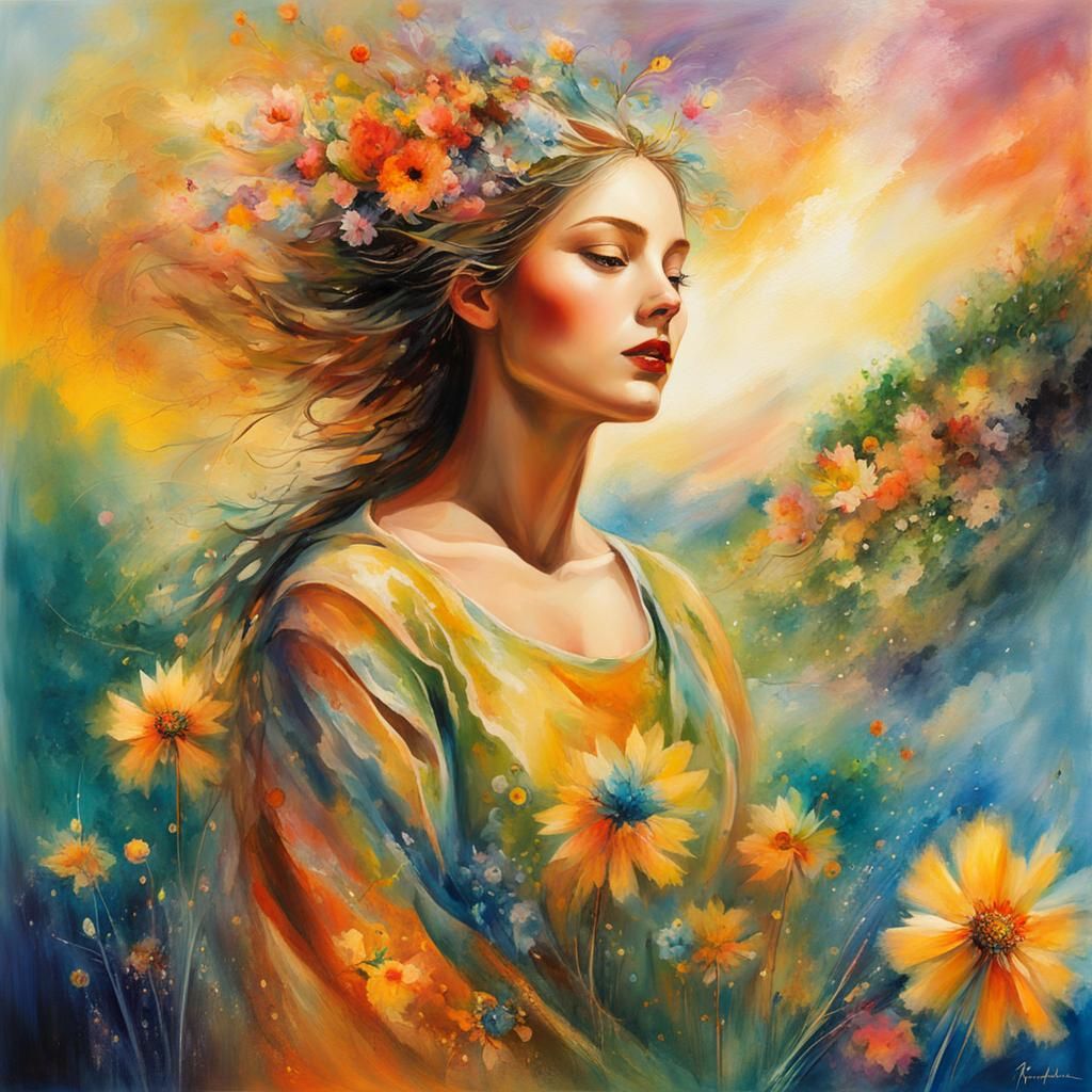 Painting-style portrait of a woman in the wind