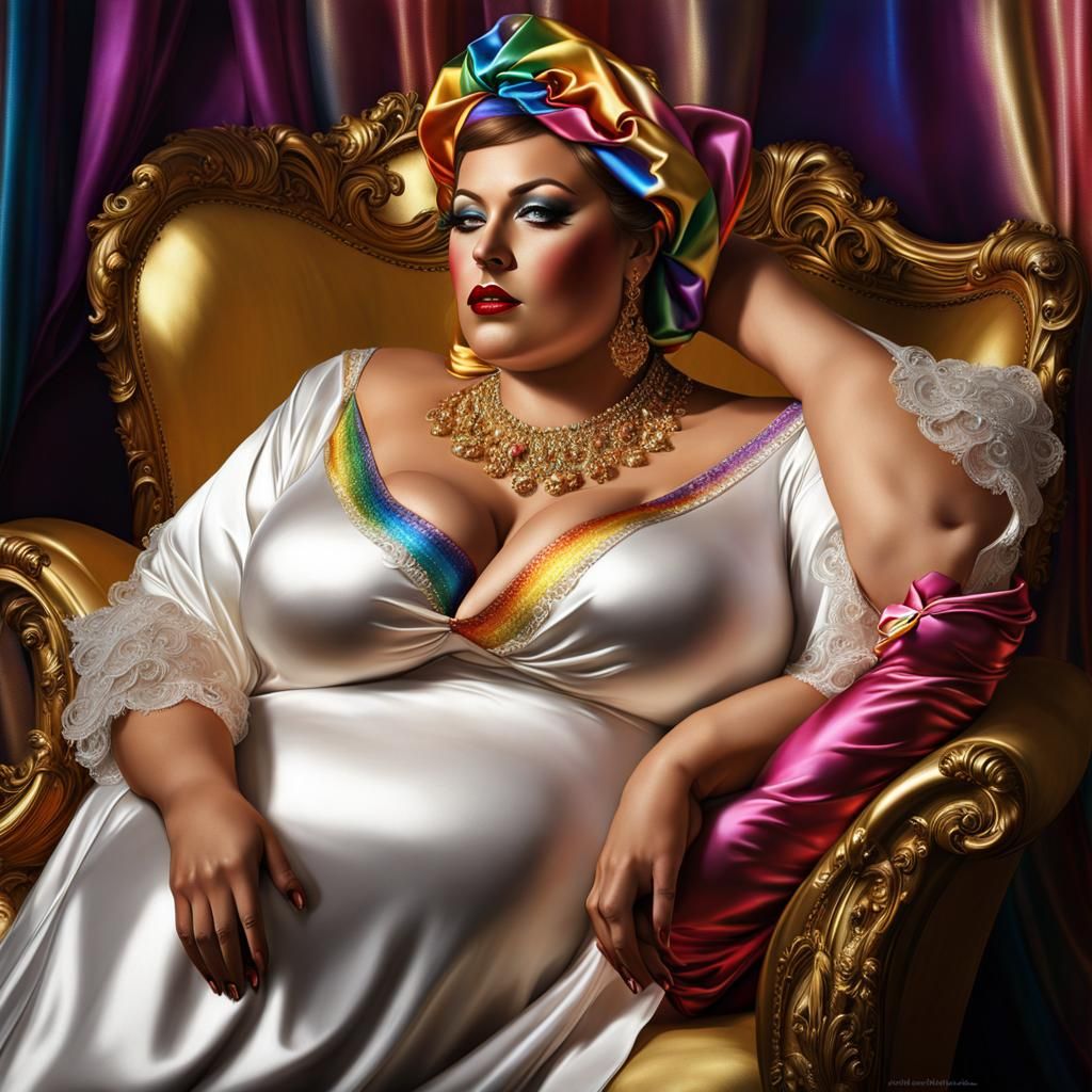 Realistic Artistic Sissy Satin Flamboyant Statuesque Glamorous Big Beautiful Women BBW Women relaxing on Chaise Lounge w...
