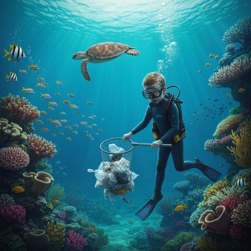 Child Diver Cleans Ocean in Colorful Coral Reef