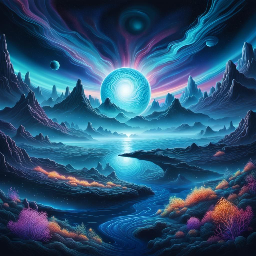 Sci-Fi Holographic Astral Illustration with Bioluminescent P...