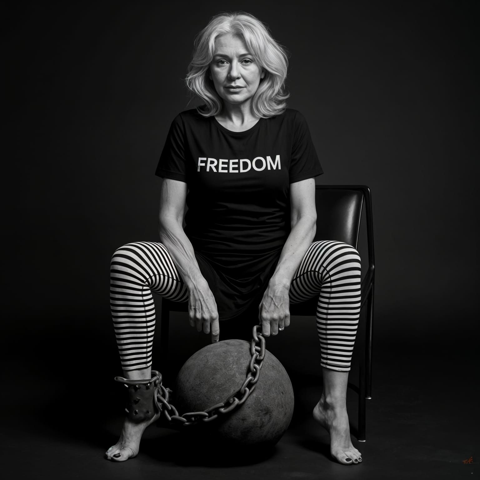 Gorgeous Older Woman Defies Chains in Black and White Portra...