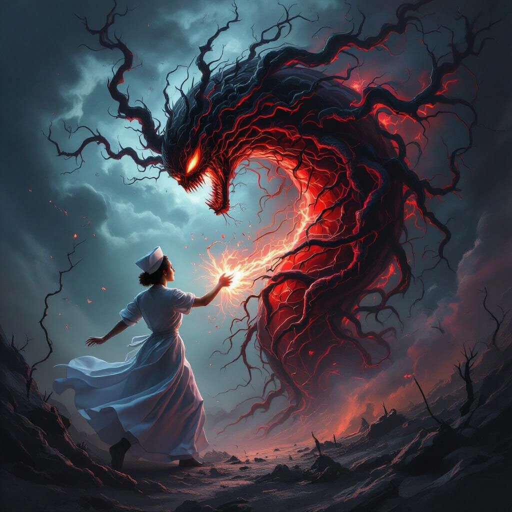 Nurse Battles Abstract Aorta Horrors in Dark Fantasy Style