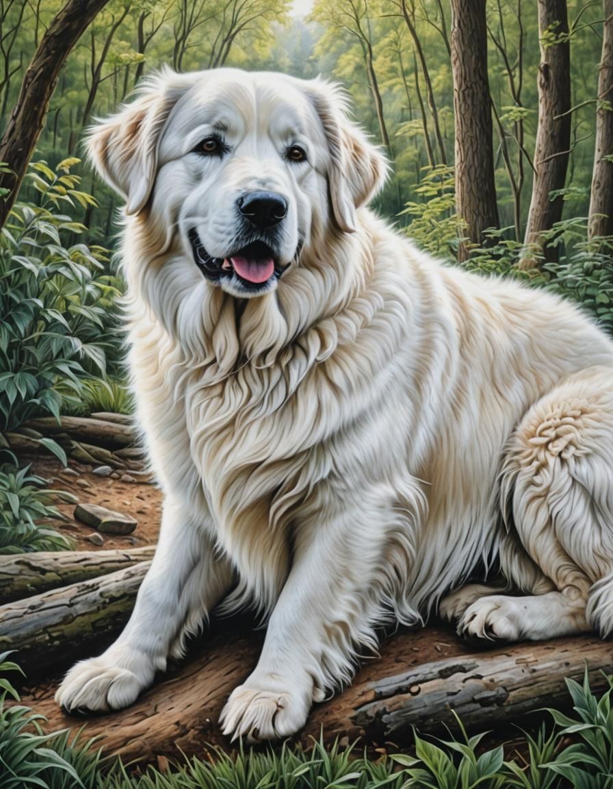 Hyperdetailed Colored Pencil Drawing of Great Pyrenees