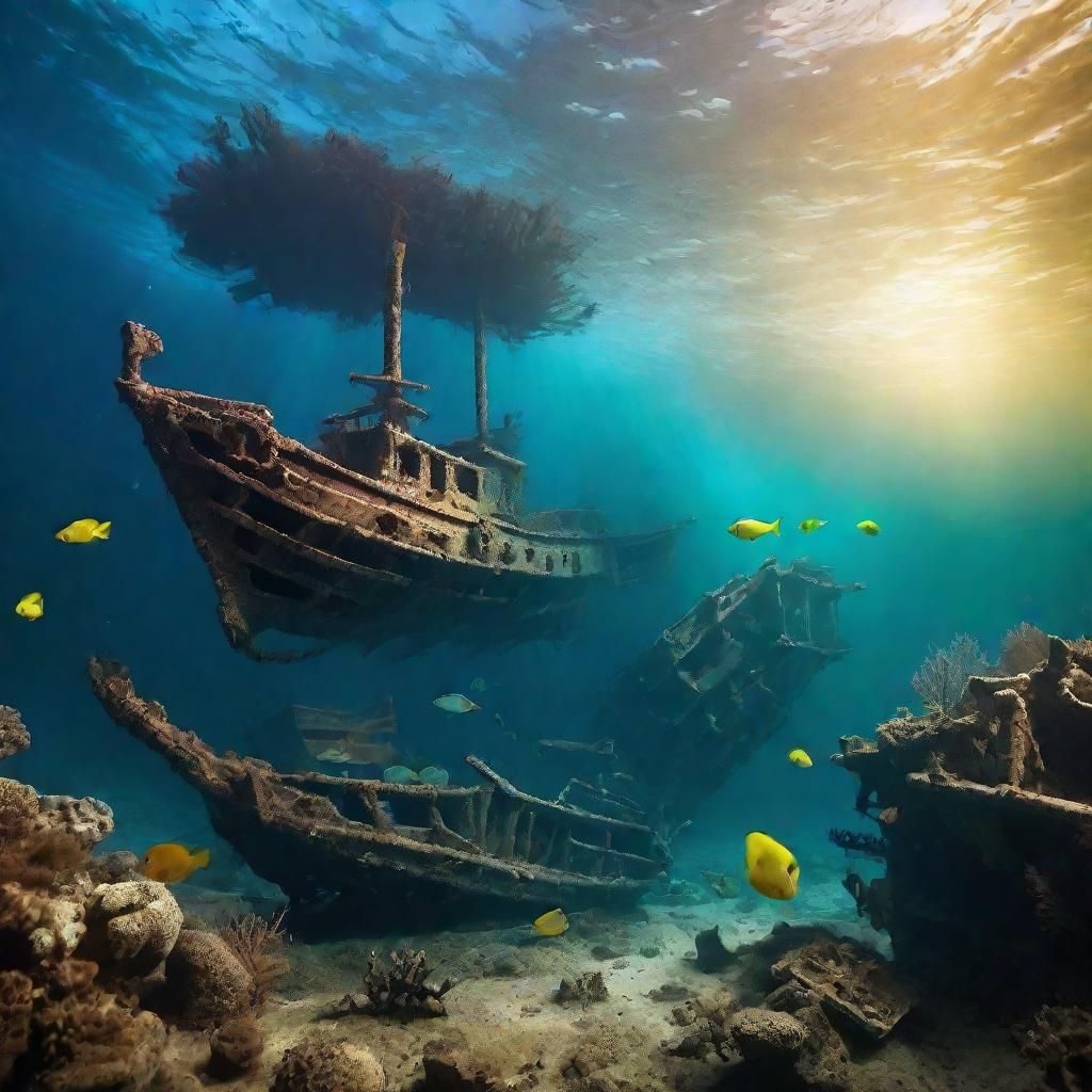 Underwater Shipwreck Scene with Marine Life