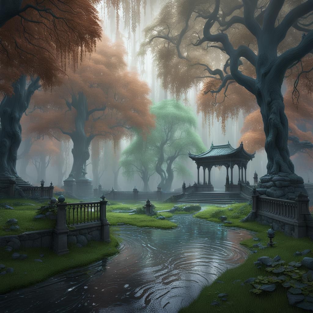 Misty Rain-Soaked Park in Detailed Matte Painting Style