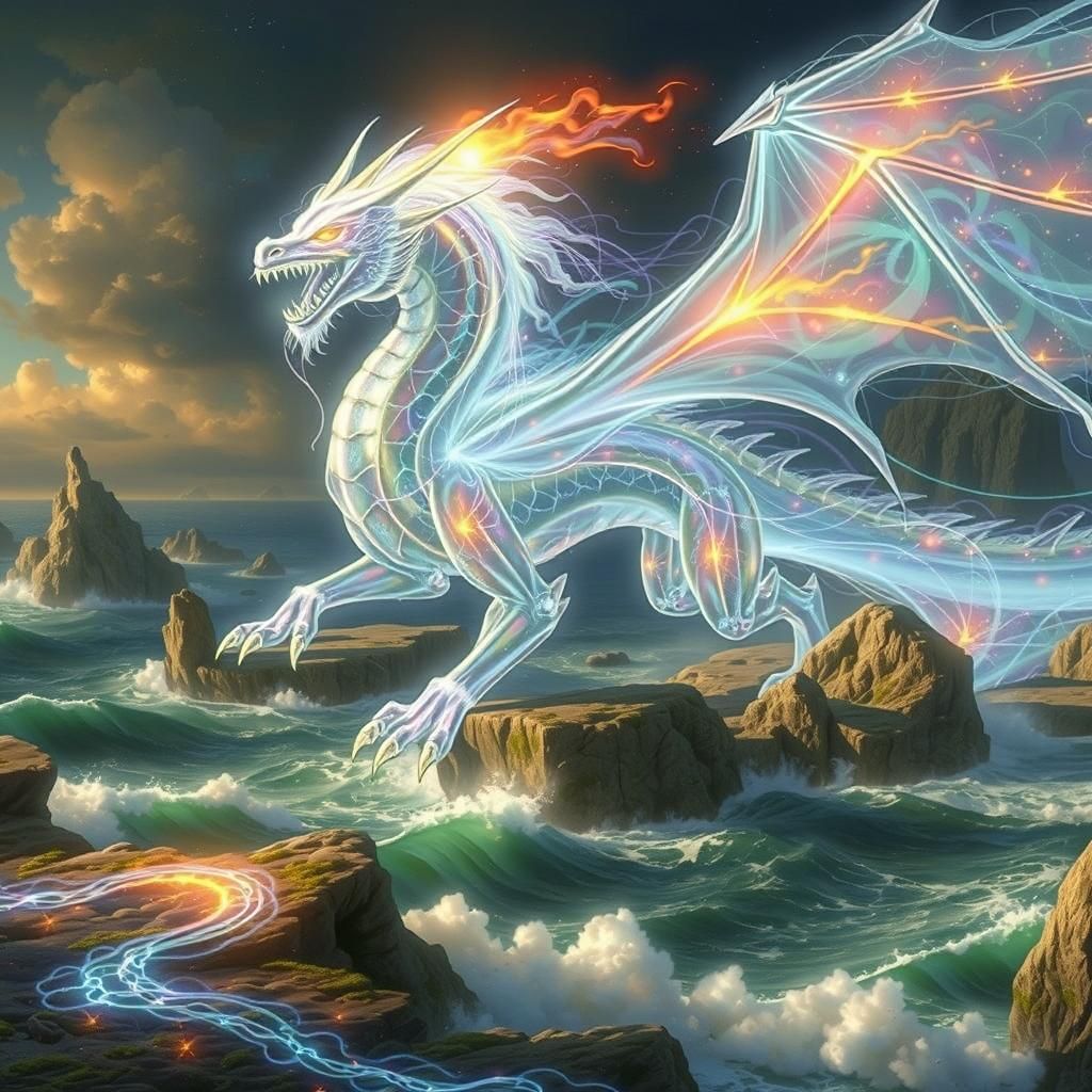 Luminous Dragon Gliding Above Rocky Coastline