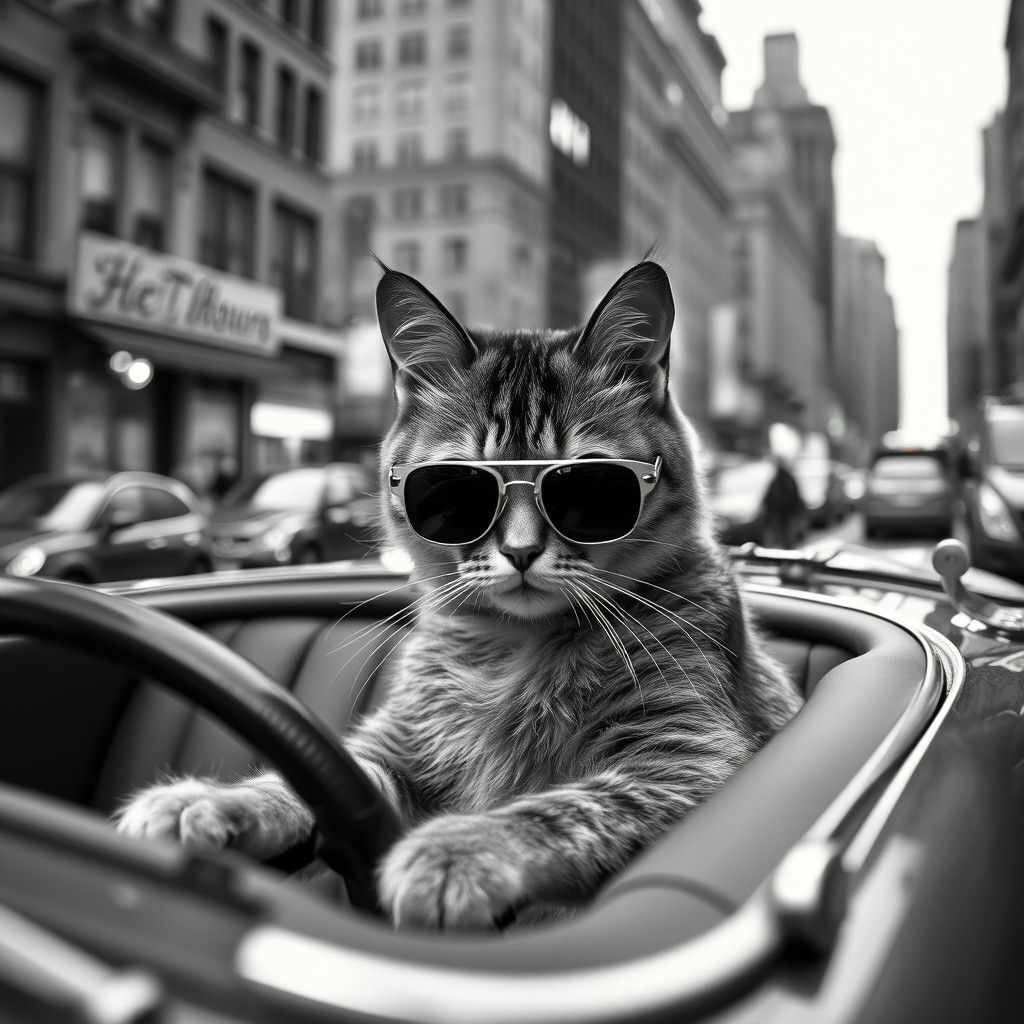Hyperrealistic Cat Cruises 1950s New York in Vintage Car