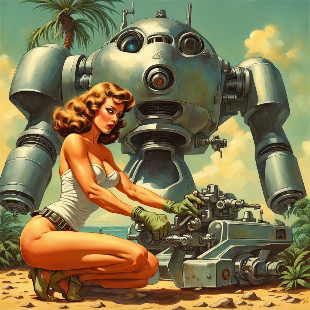 Retro-Futuristic Pinup: Mechanic Woman and Alien Mech