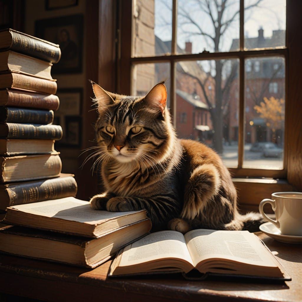Cozy Cat in Vintage Book Nook