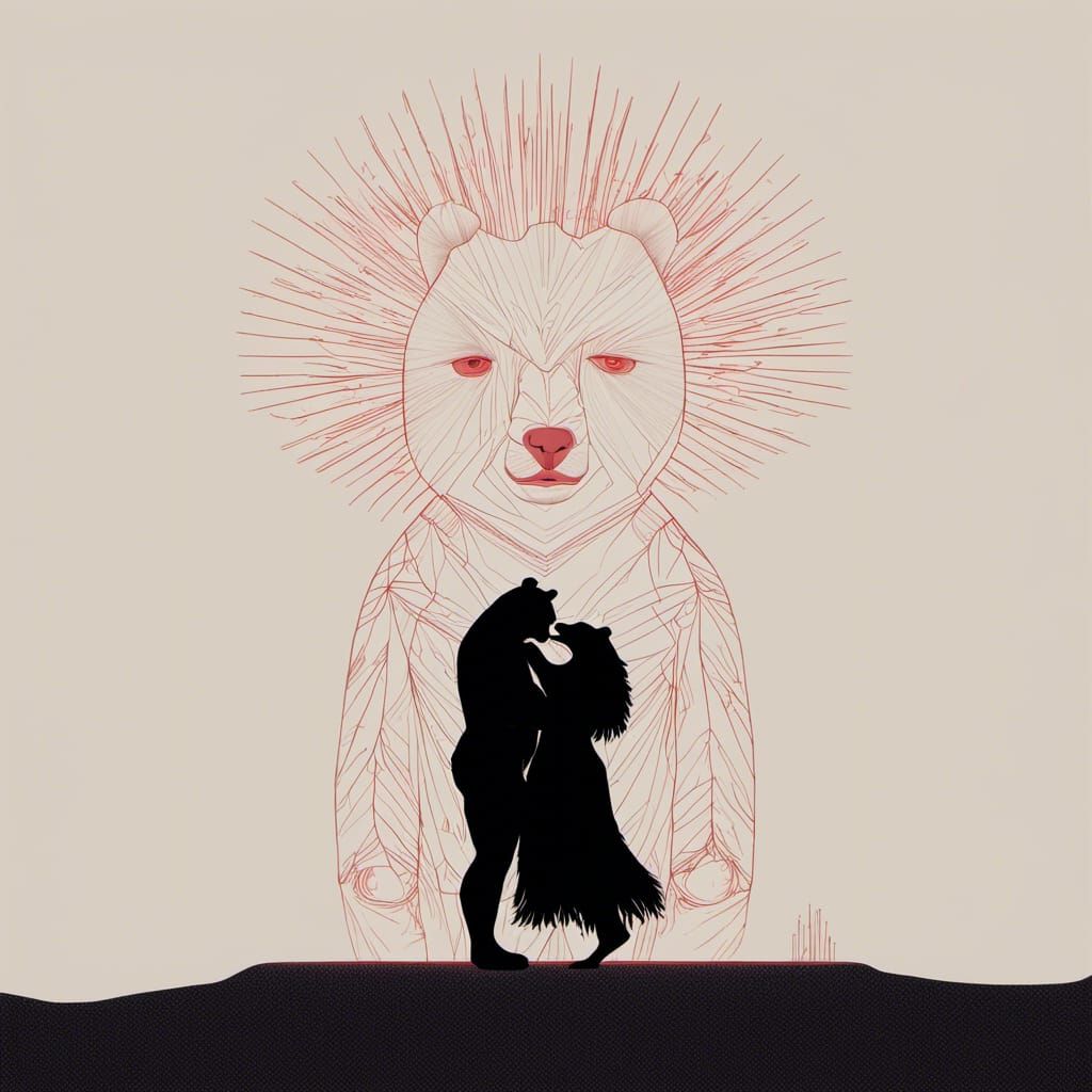 Giant Bear Hugs Witch in Minimalist Noir Photo