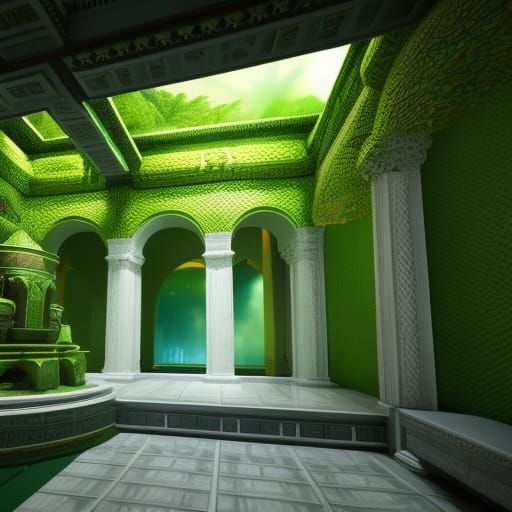 Surreal Green Tile Atrium with Stone Fountain