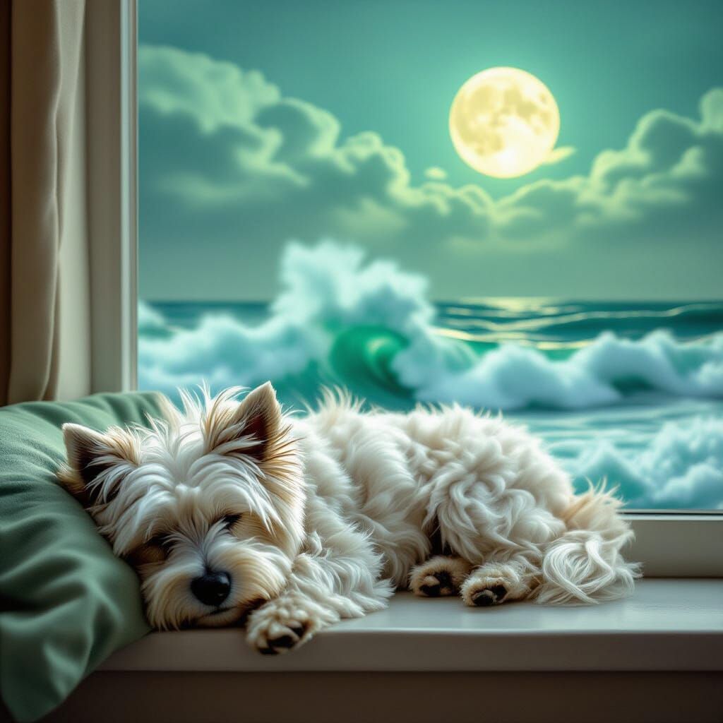 Westie Dog Sleeps by Stormy Sea Window