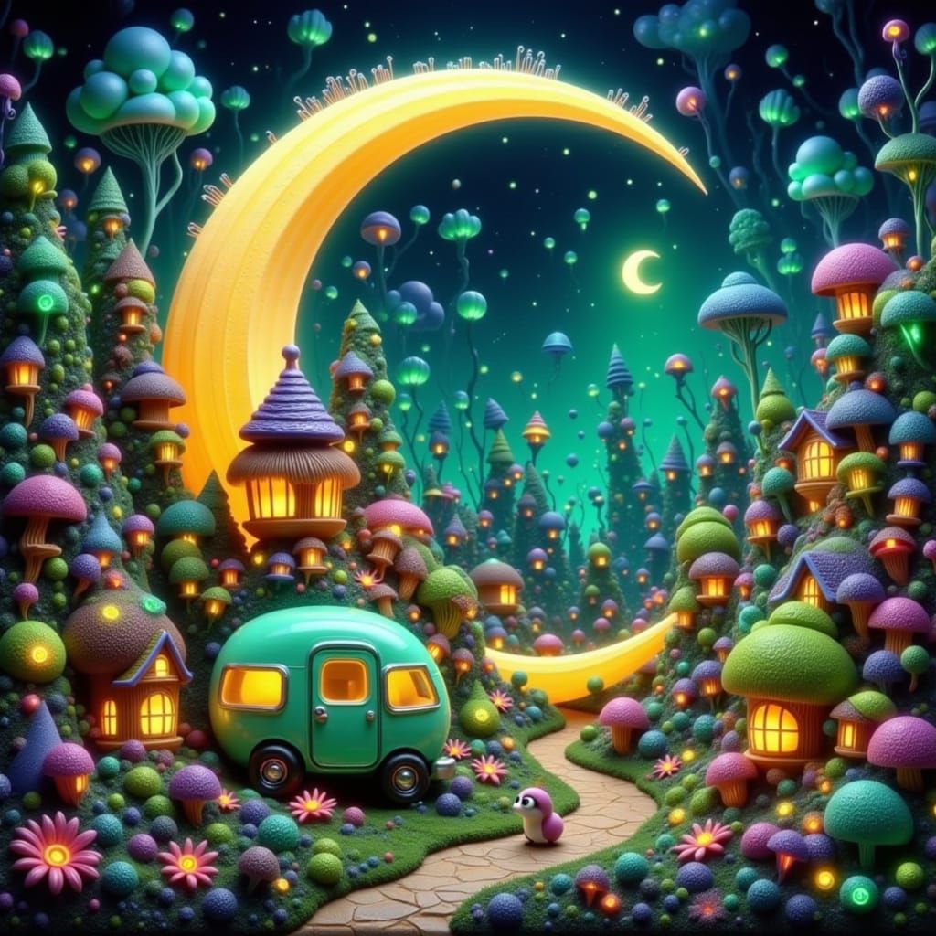 Miniature Village Inside Crescent Moon: Whimsical Art
