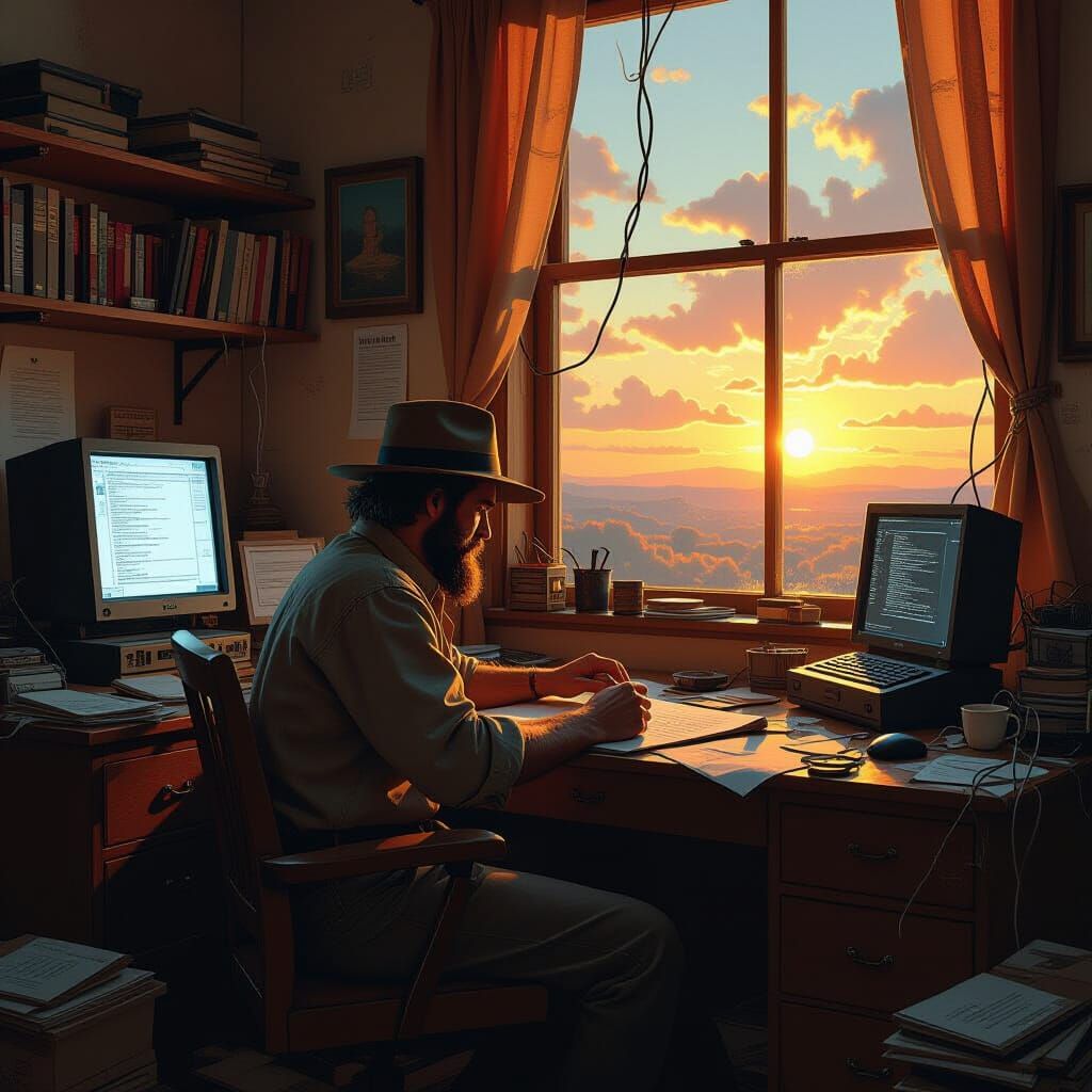 Writer in a Fantastical Landscape: Impressionistic Pixel Art