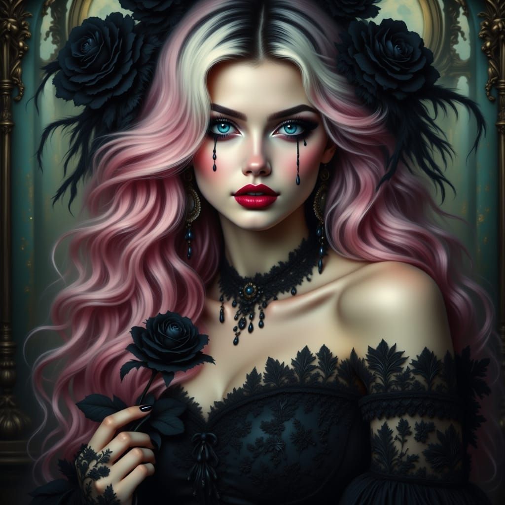 Gothic Woman Portrait with Rose, in Digital Painting Style