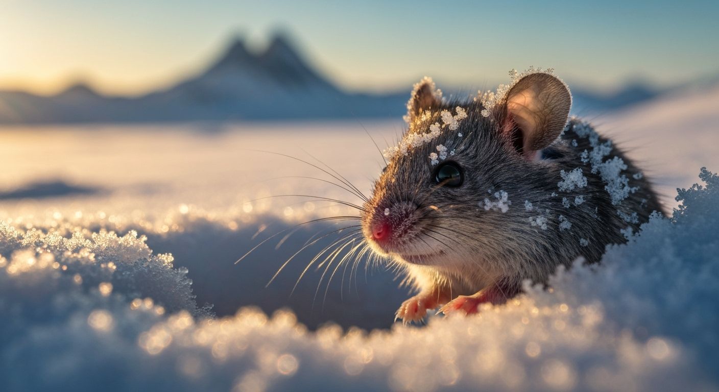 Mouse Peeks from Snowy Burrow in Macro Photography