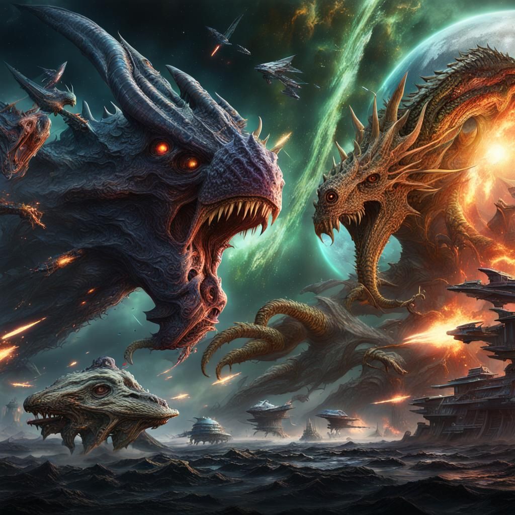Epic Space Battle with Dragons and Monsters