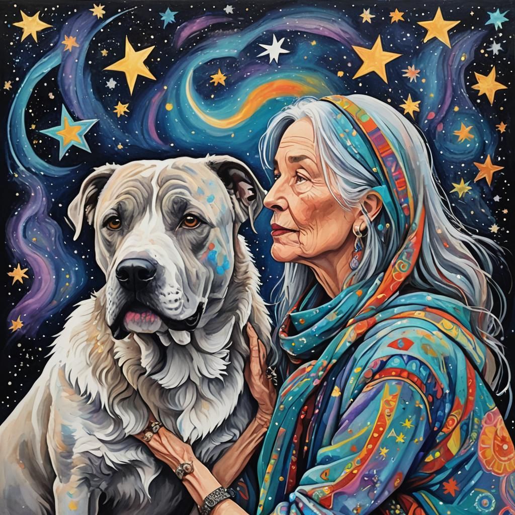 Whimsical Women and Dog Stargazing in Acrylics