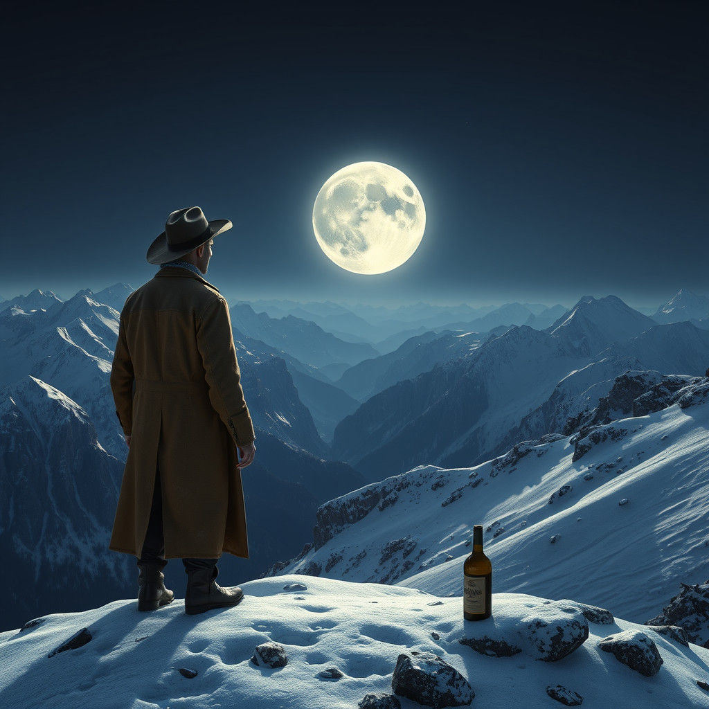 Lone Cowboy Under Moonlit Rocky Mountain Vista