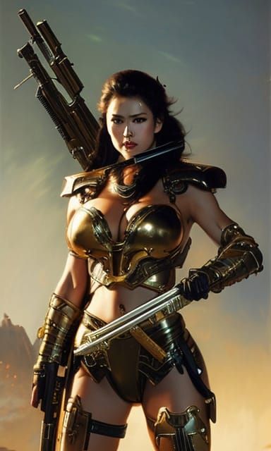 Armored Woman with Gunsword in Fantasy Art Style