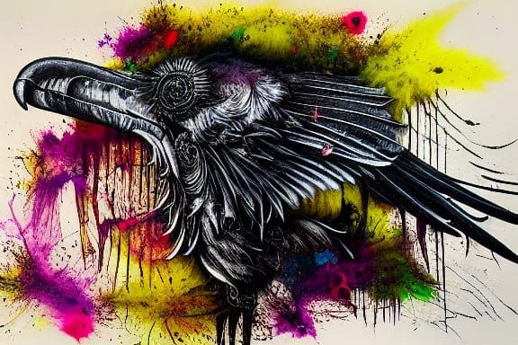 Grotesque Raven Skull in Mixed Media Illustration