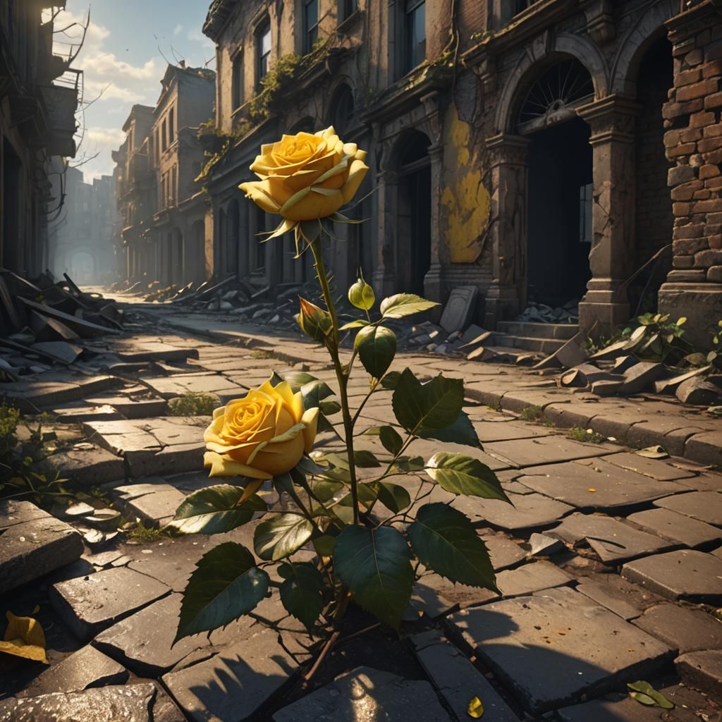 Glowing Rose Blooms in Abandoned Cityscape