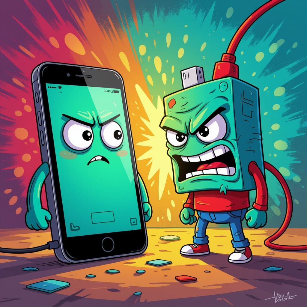 Smartphone vs. Charging Cable in Humorous Cartoon Style