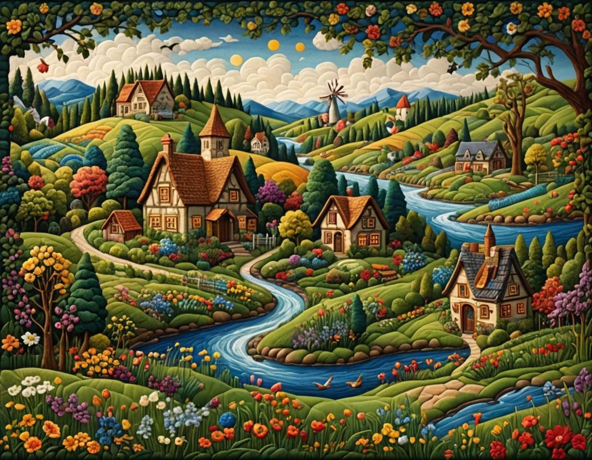 Quilted Landscape Tapestry of Flowers and Meadow