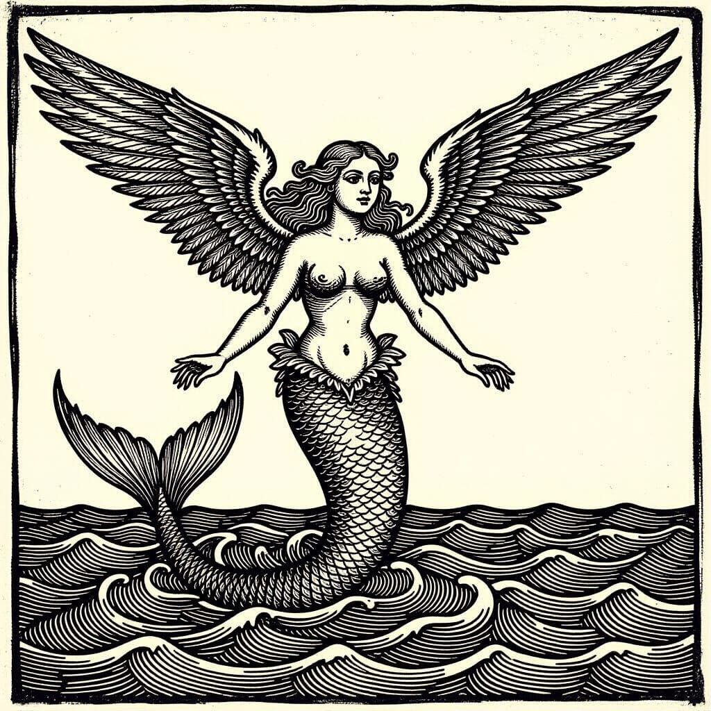 Medieval Woodcut Mermaid With Feathered Wings Rises From Sea