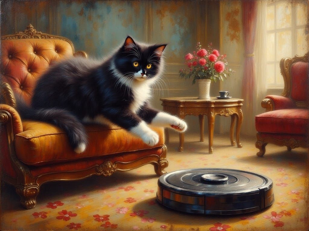 Dramatic Feline Showdown in a Luxurious Living Room