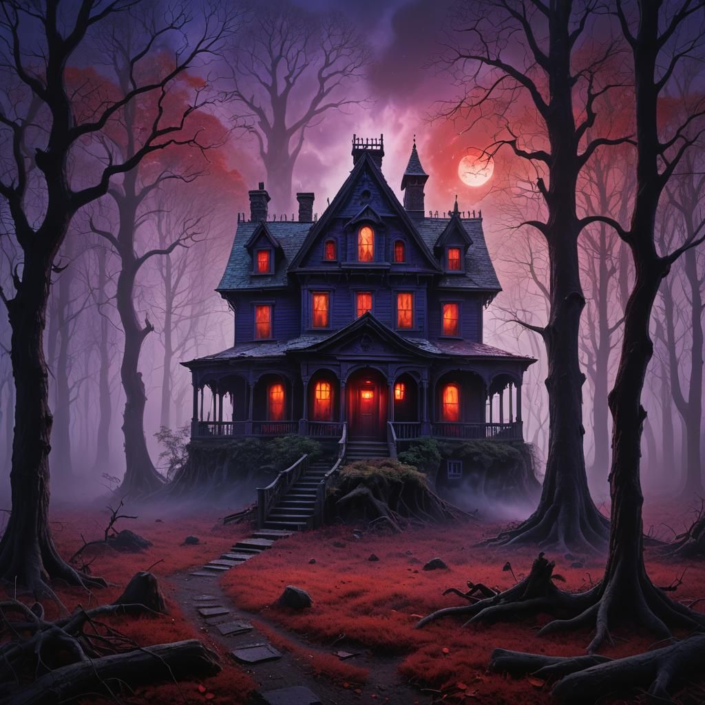 Eerie Haunted House in Dark Forest with Ghost