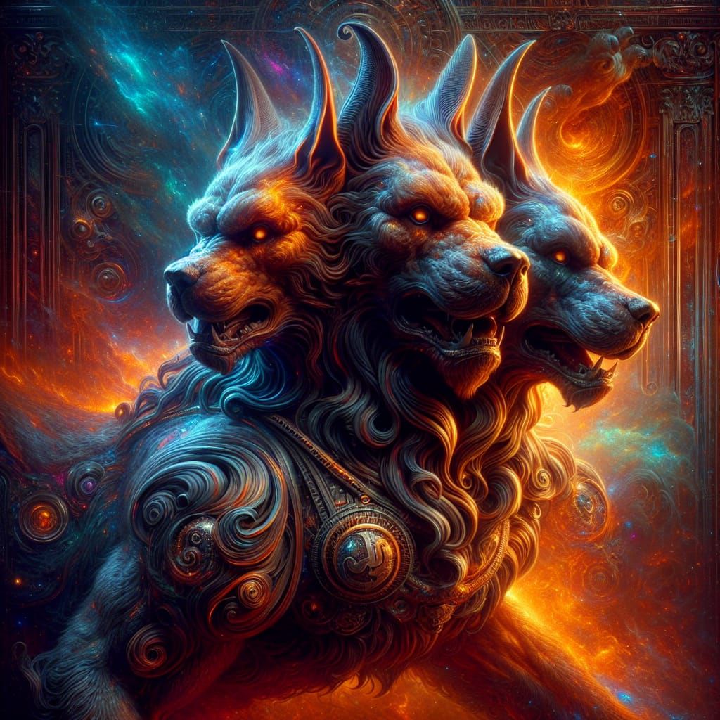 Cerberus, the 3-headed dog, guardian of the underworld in Gr...
