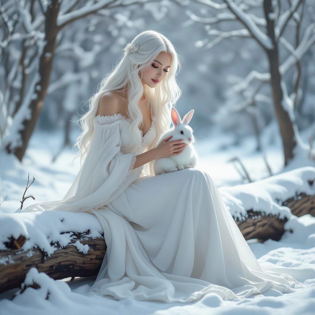 Elegant Woman in Winter Landscape Holding White Bunny