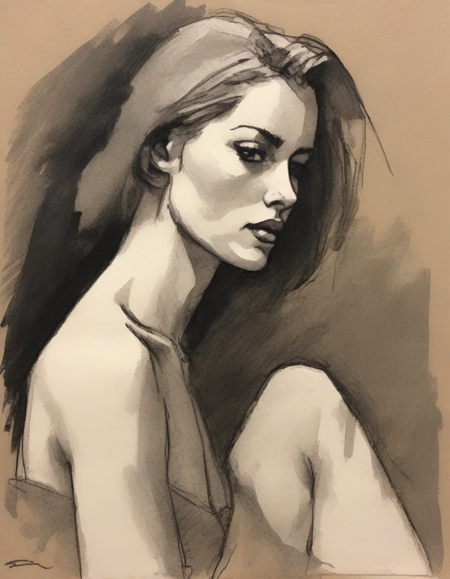 Seductive Female Figure in Charcoal Sketch