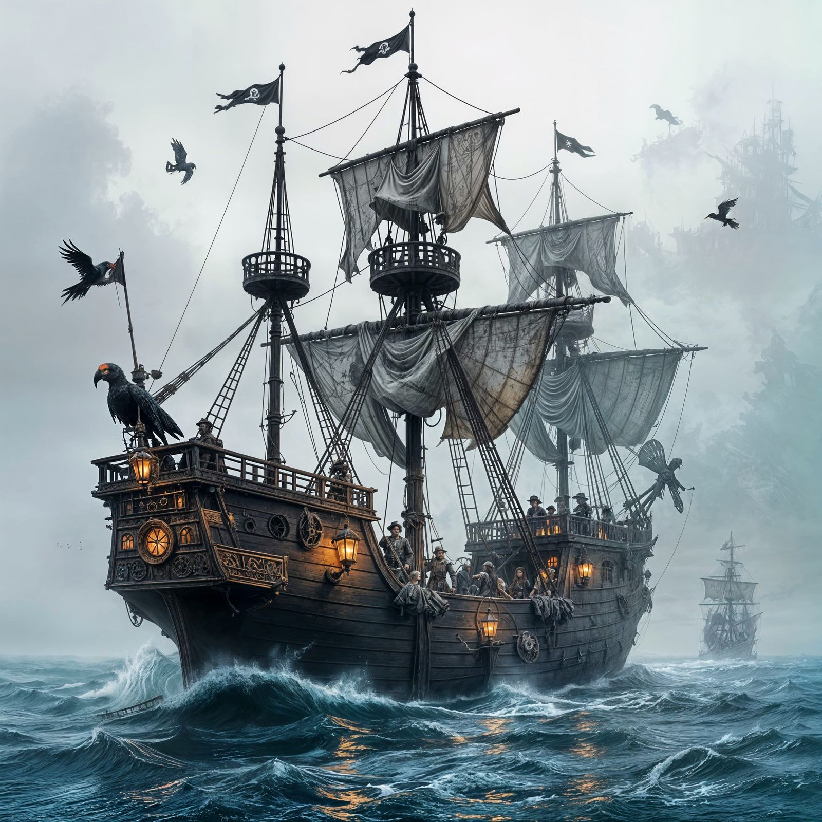 Haunted Pirate Ship in Art Nouveau Charcoal Sketch